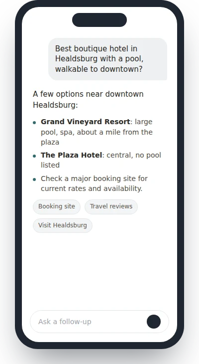 AI search answer before and after: hotel not mentioned versus hotel named and linked.